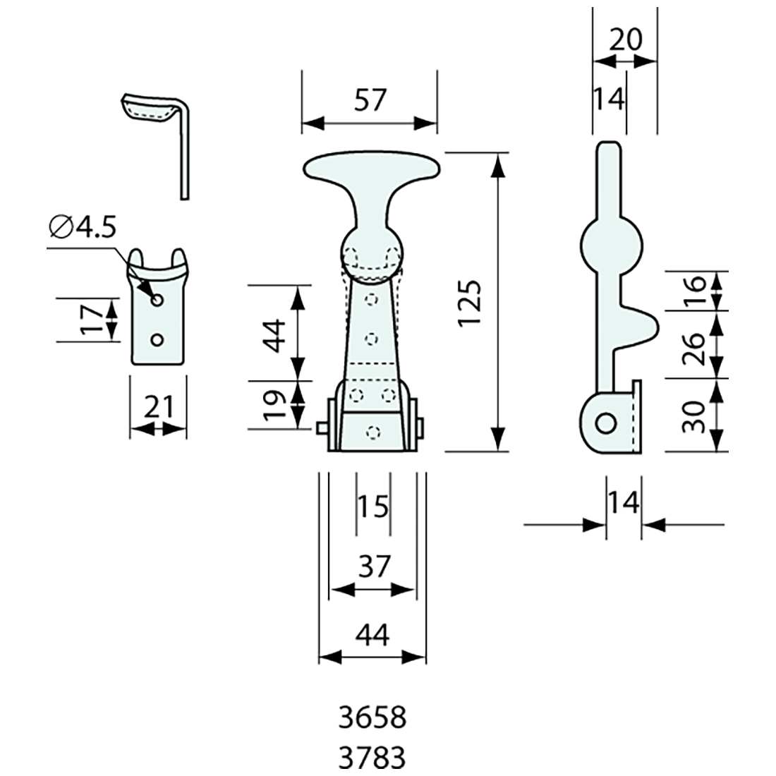 Hold Down Latch Stainless Steel and Black Rubber 125mm
